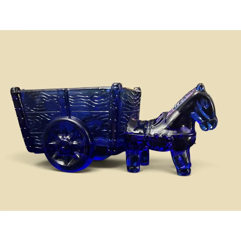 Vintage Jeannette Cobalt Blue Glass Donkey & Wood-Grain Wagon Figurine Rare Mini